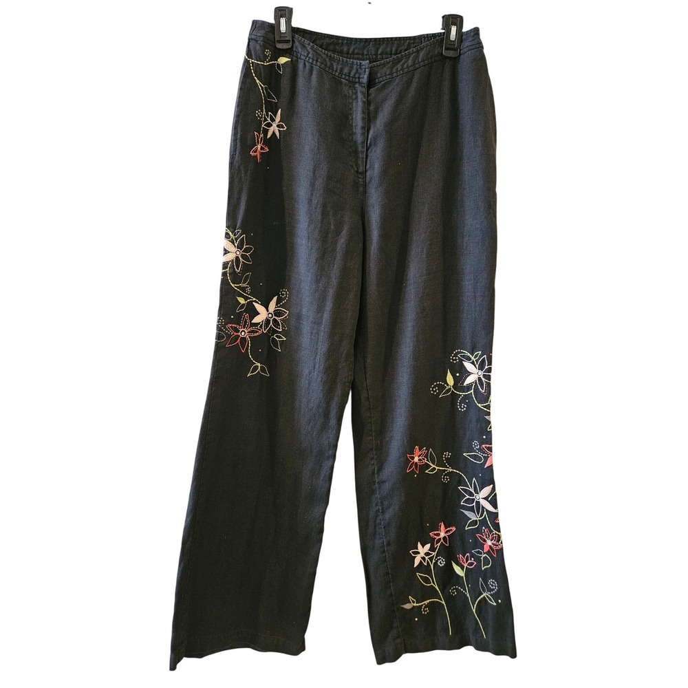 Boho Linen Wide Leg Pants Black High Rise Trousers Floral Embroidered Womens 6